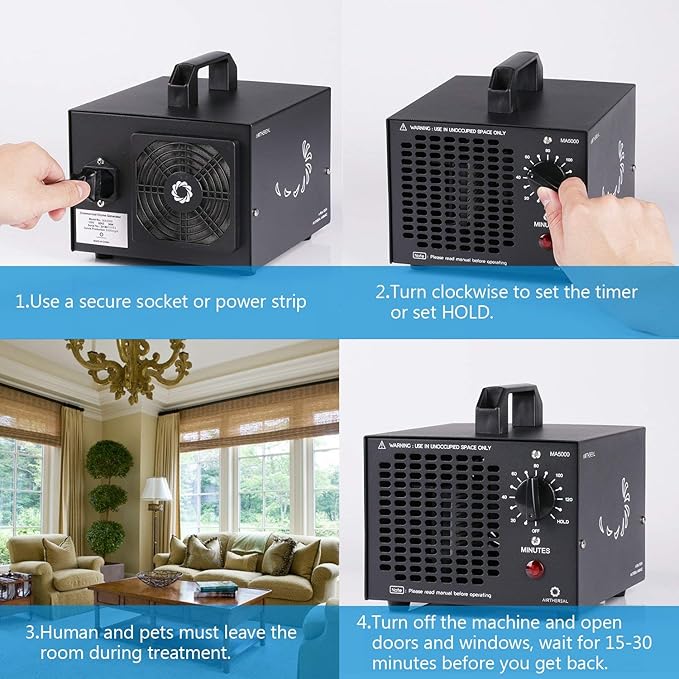 Airthereal MA5000 Commercial Ozone Generator, High Capacity Ozone Machine Odor Removal - Home Air Ionizers O3 Deodorizer for Rooms, Smoke, Cars and Pets, Eliminate Odors up to 2000sq.ft., Black