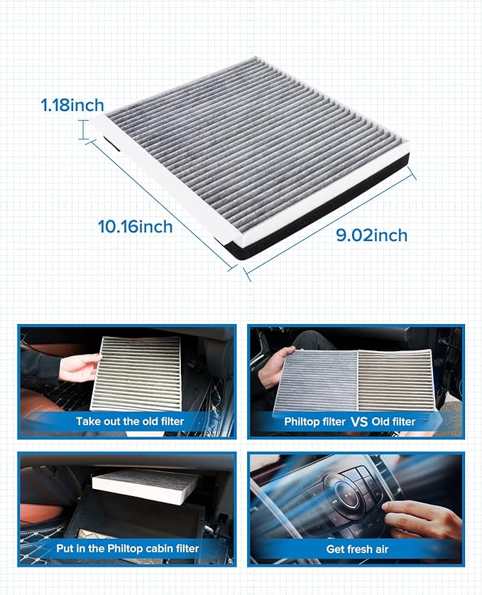 PHILTOP Cabin Air Filter, Replacement for CF10735 Genesis(2009-2016), Equus(2011-2016), G80 G90(2017-2021), GV80(2021), Premium ACF082 Cabin Filter with Activated Carbon Filter Up Dust Pollen Odor