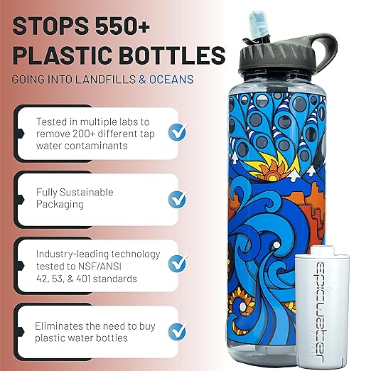 Epic Water Filters Nalgene OG Water Bottle with Filter, USA Made, BPA Free, Removes 99.99% Tap Water Contaminants, Forever Chemicals, American Rivers Art, 48 oz