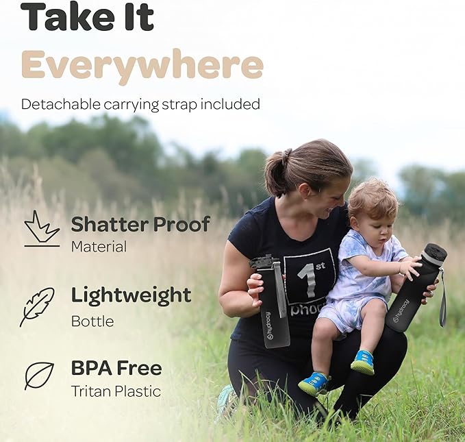 Hydracy Water Bottle with Time Marker -Large BPA Free Water Bottle & No Sweat Sleeve -Leak Proof Gym Bottle with Fruit Infuser Strainer & Times to Drink -Ideal for Fitness Sports & Outdoors