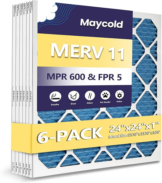 Maycold 24x24x1 MERV 11 Furnace Air Filters (6-Pack), High-Efficiency Pleated AC HVAC Filter for Home Use – Captures Fine Dust & Pet Hair, Actual Size 23.70 x 23.70 x 0.75, Individually Wrapped