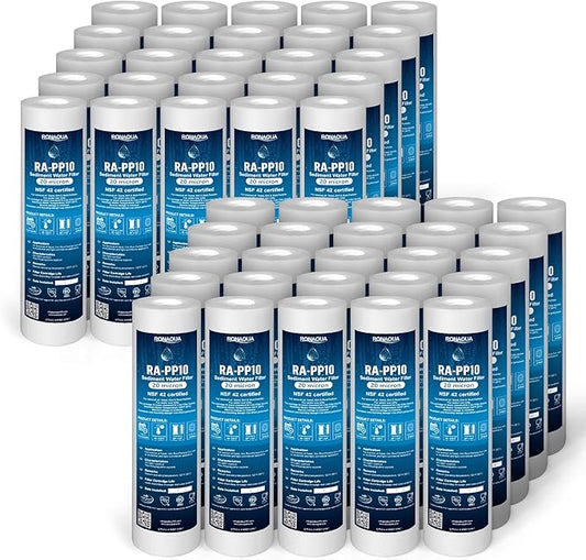 Ronaqua 20 Micron Sediment Water Filter Cartridge 10"x2.5", NSF Certified, 4-Layer Filtration for any 10-inch RO Units & Whole House Systems, Compatible with Culligan P5, AP110, WHKF-GD05, 50 Pack
