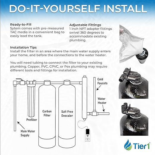 Water Softener Alternative | Salt-Free Water Conditioner | TAC Scale Prevention | 600,000 Gallon Capacity, 5-6 Year Life | Whole House Water Filtration System | Tier1