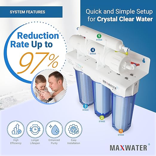 Max Water 5 Stage 100 GPD (Gallon Per Day) RO (Reverse Osmosis) Standard Water Filtration System - Under-Sink/Wall Mount (Clear, with Tank & Faucet-B) - Model: RO-5C6