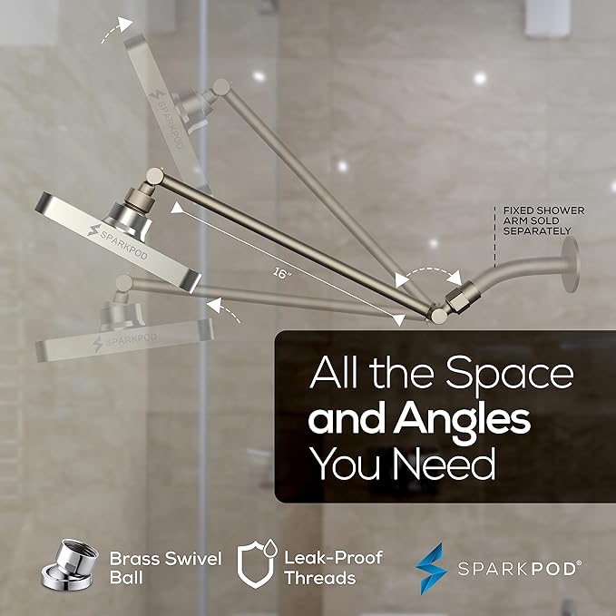 SparkPod Square Rain Shower Head with Shower Head Extension Arm - High Pressure Rain - Luxury Modern Look - No Hassle Tool-less 1-Min Installation (16" Shower Arm Extension, Elegant Brushed Nickel)