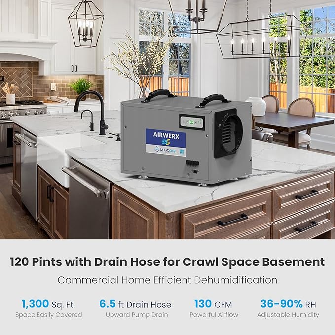 BaseAire 120 Pints Crawl Space Dehumidifier with Drain Hose, Energy Star Dehumidifier for Commercial, Home and Basement, Compact, Auto Defrost, Intelligent Control, Auto Restart, Up to 1300 Sq Ft