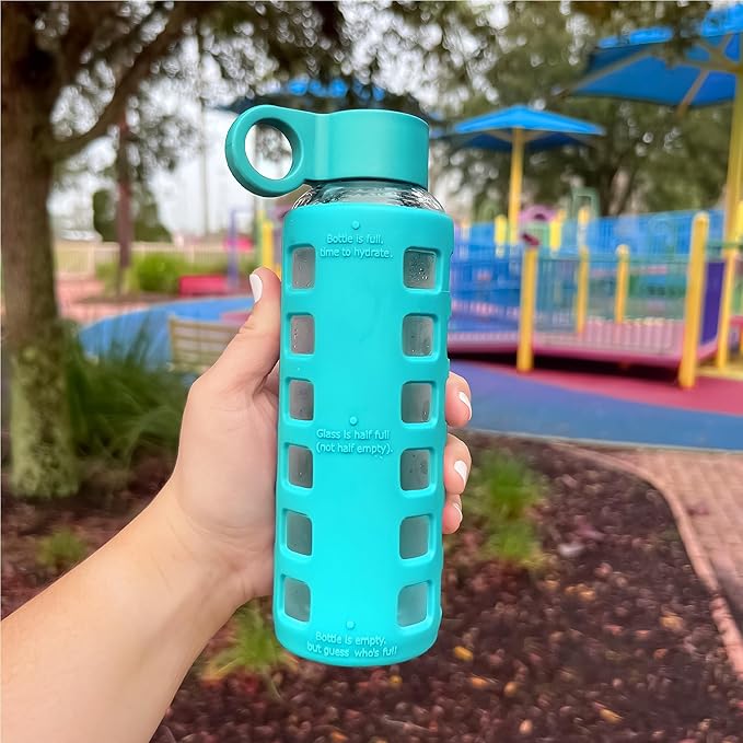 purifyou 40oz / 32oz / 22oz / 12oz Borosilicate Glass Water Bottle with Time & Volume Markers, Silicone Sleeve, Stainless Steel Lid | Reusable Glass Bottle for Water & Juice (12oz Aqua Blue)