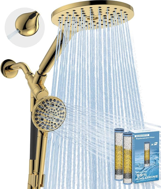 Dual Filtered Rain Shower Head Combo, High Pressure Handheld Shower Head with Adjustable Bar - Rainfall Shower Head And Showerhead with Filter for Hard Water - Removes Chlorine(Gold)