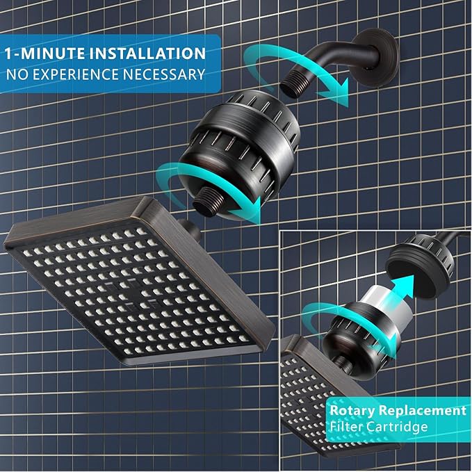 Voolan Filtered Shower Head - 20 Stage Luxury Rain Shower Filter For Hard Water for Remove Chlorine and Harmful Substances - 6" Square High Pressure Rainfall Showerhead (Oil Rubbed Bronze)