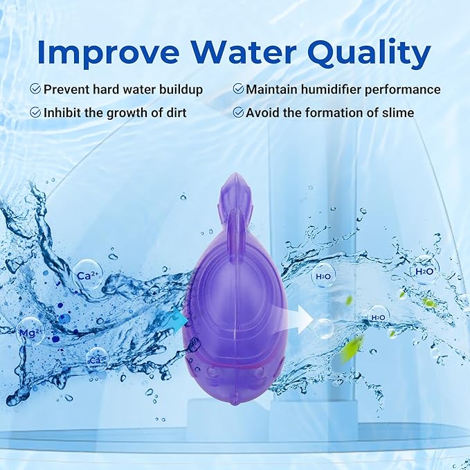 12 Pack Universal Humidifier Cleaner Fish Compatible with Almost All Humidifiers and Fish Tanks, Equipped with Silver Ion Filter Balls, Prevents Hard Water Build-Up, Reduces Scale, Purple