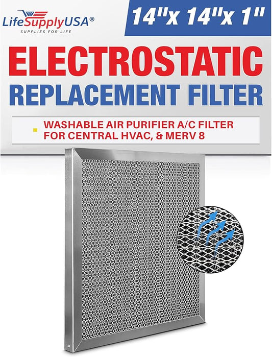 14x14x1 Electrostatic Air Filter, MERV 8, Washable, Reusable Furnace AC/HVAC Filter, Energy Saving, Easy to Clean, Long-Lasting by LifeSupplyUSA