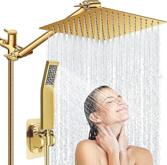 10'' Square Rain Shower Heads with Handheld, High Pressure Shower Head Combo with 11'' Adjustable Extension Arm, All Metal Shower Wand with 78'' Anti-Leak Shower Hose, 3 Way Diverter Valve, Gold