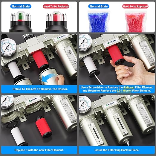 TAILONZ PNEUMATIC 0-240PSI 3/4 Inch NPT Industrial Grade 4 Stage Air Drying System, Particulate Filter, Coalescing Filter, Double Desiccant Dryer 5 Micron Filter +0.01 Micron Filter (Manual Drainage)