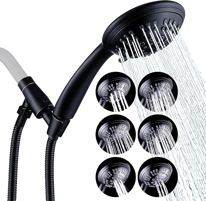 G-Promise High Pressure Shower Head 6 Spray Setting with Adjustable Solid Brass Shower Arm Mount and Extra Long Flexible Stainless Steel Hose (Oil Rubbed Bronze)
