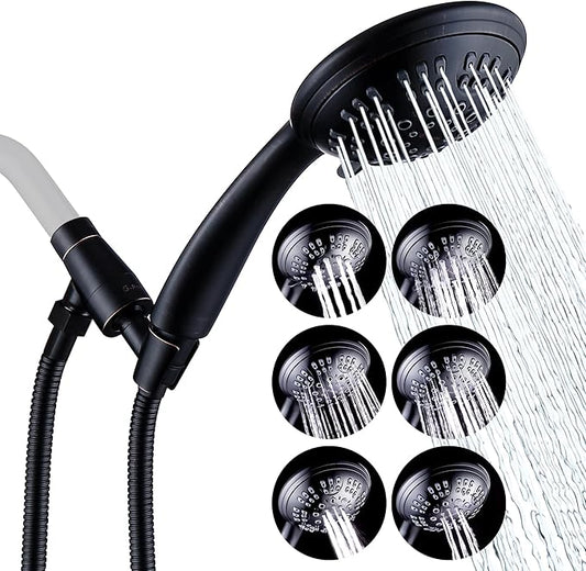 G-Promise High Pressure Shower Head 6 Spray Setting with Adjustable Solid Brass Shower Arm Mount and Extra Long Flexible Stainless Steel Hose (Oil Rubbed Bronze)