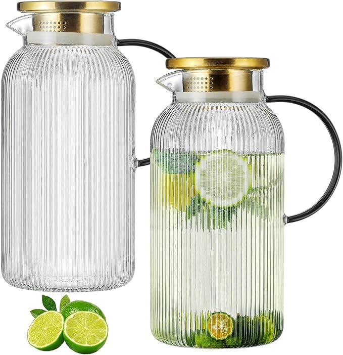 2 PACK Glass Pitcher with Lid,68 oz/ 2 Liter Vertical Stripes Water Pitcher With Black Handle,Glass Water Carafe for Cold Brew,Coffee, Lemonade, Iced Sun Tea,Beverage, Milk Heat Resistant