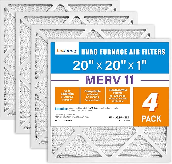 LotFancy 20x20x1 Air Filter, 4 Pack MERV 11 Pleated Furnace Air Filters Replacement for HVAC (Actual Size: 19.75"x19.75"x0.75")