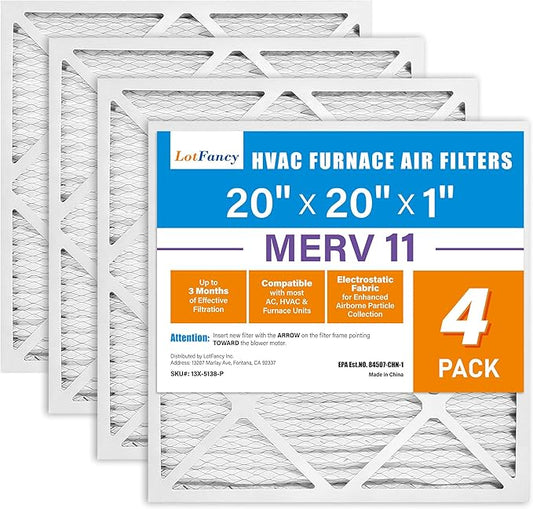 LotFancy 20x20x1 Air Filter, 4 Pack MERV 11 Pleated Furnace Air Filters Replacement for HVAC (Actual Size: 19.75"x19.75"x0.75")