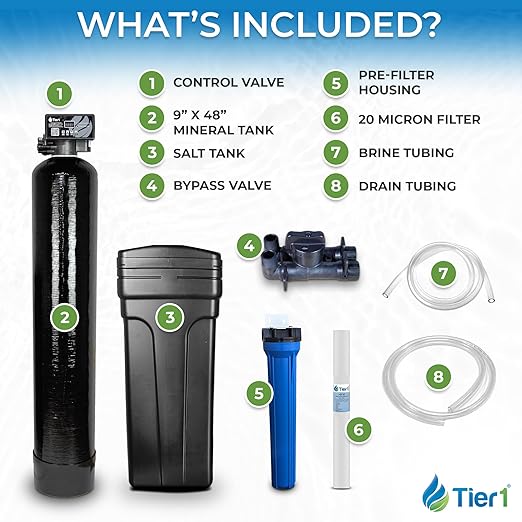 Tier1 Whole House Water Softener System 32,000 Grain High Efficiency with Sediment Pre-Filter | Pre-Filled Mineral Tank with 1 Cubic Foot of Cation Resin | Home Water Filtration System