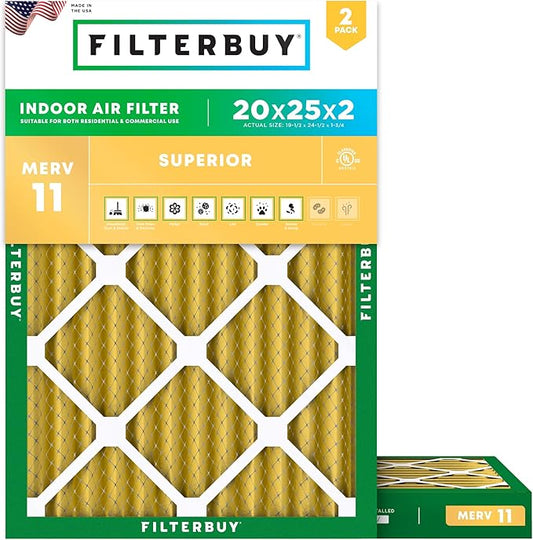 Filterbuy 20x25x2 Air Filter MERV 11 (MPR 1200) Allergen Defense Replacement (2-Pack), Electrostatic Pleated HVAC AC Furnace Filters, Made in USA (Actual Size: 19.50 x 24.50 x 1.75)
