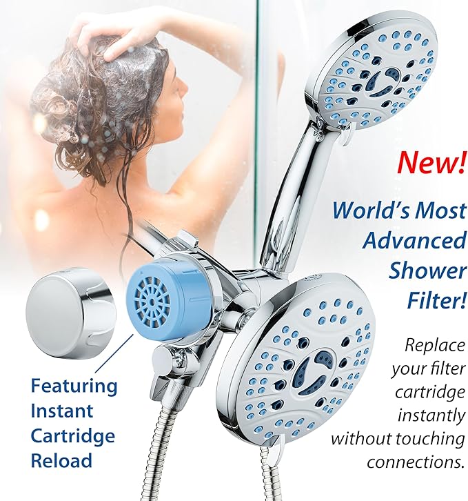Skin & Hair - World's Most Advanced Shower Filter for Combos with ON/OFF Filtration Modes, Instant Cartridge Reload, Built-in Water Diverter, Stay-Clean Enriched KDF Cartridge/Chrome Finish