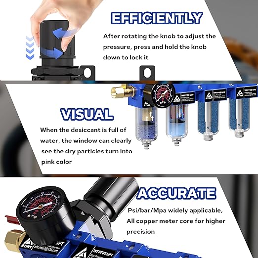 1/4'' NPT Compressed Air Dryer, 4 Stage Air Drying System,Brass Filter, Coalescing Filter,Double Desiccant Dryers & Air Regulator,Metal Bowl, Semi-Auto Drain,Industrial Grade-Blue