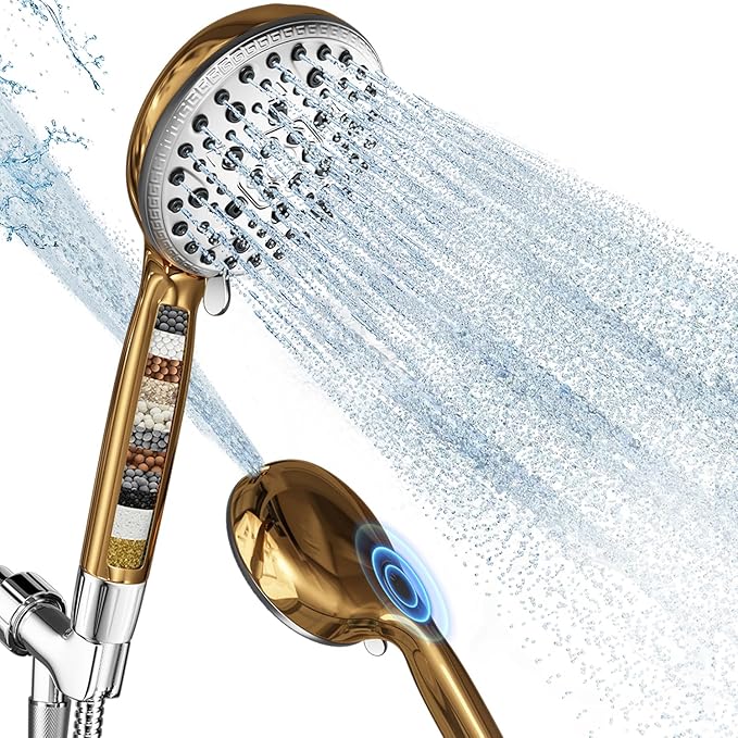 Filtered Shower Head with Handheld,7 Spray Settings High Pressure Showerhead Built in Power Wash to Clean Tub, Tile & Pet, Showerhead with Filters for Hard Water - Remove Chlorine, (gold)