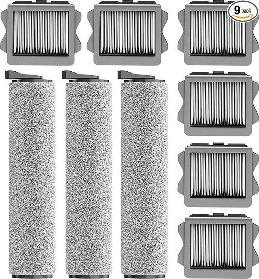 Vacuum Mop Replacement Parts Compatible with Tineco Roller Brush Replacement, Suitable with Ifloor 3 Series, Floor One S3 Series, Ifloor 5 Breeze Cleaner, Set Includes 3 Roller Brushes and 6 Filters