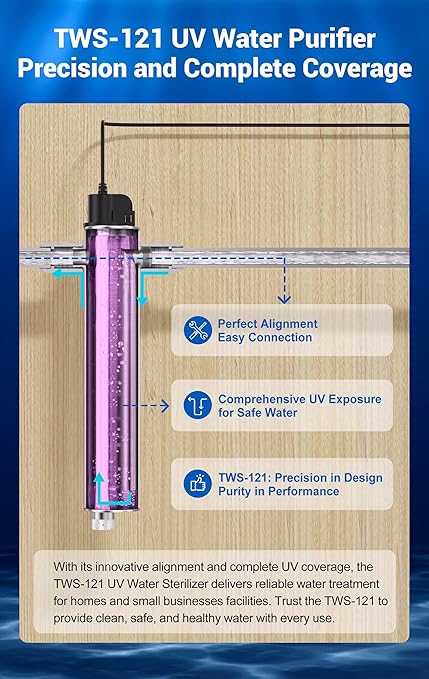 HQUA-TWS-121 120V 55W 12GPM 1“ MNPT Inlet/Outlet, Whole House Ultraviolet Water Purifier Filter, + 1 Extra UV Bulb, + 1 Extra Quartz Sleeve