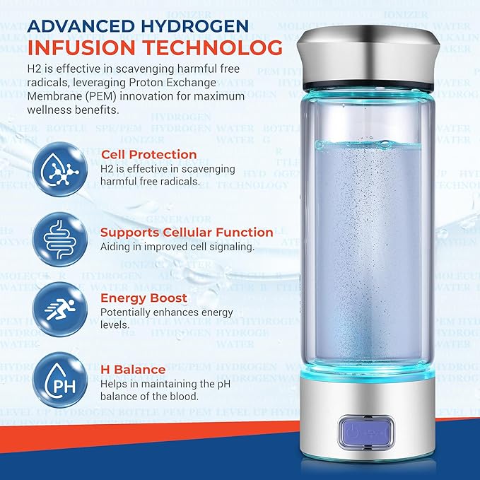 LevelUpWay - Hydrogen Water Bottle Up to 4000PPB SPE PEM Technology Water Ionizer (Borosilicate Glass, Silver)