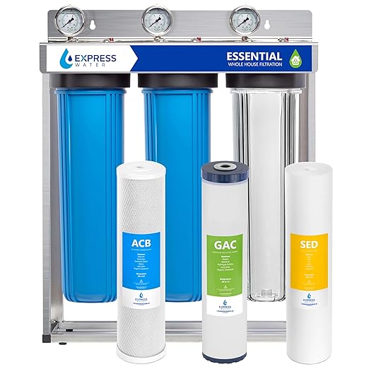 Whole House Water Filter System| ESSENTIAL | 3 Stage Water Purifier Whole Home, Top-Tier GAC, ACB Filters Produce Overachieving H2O, Significantly Reduces Chlorine & Sulfur Smell/Taste, Healtheir Skin