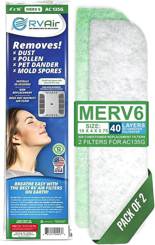 AC Filter - Air Conditioner Replacement Filters - RV Air Cleaner - Camper Accessories for Travel Trailers - Easy to Install Vent Filter - 16 x 4 x 0.75 in (2 Filters for AC135G)