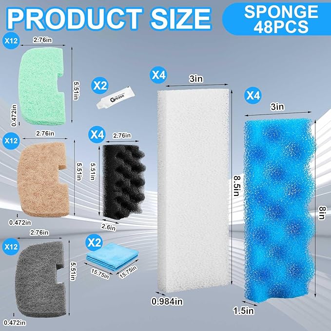 52 Pcs Replacement Filter Media Kit Compatible with Fluval 206/207 Aquarium Filters Include Biological Foams Ammonia Remover Phosphate Pads Nitrite Remover, Towel and Grease