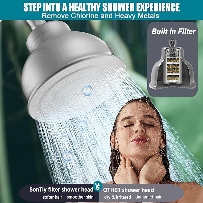 Stainless Steel Shower Head with Filters - Durable & Rustproof, Filtered Shower Head with High-Capacity Filter Cartridge for Hard Water - Long-Lasting Filtration Reduce Hair Shedding Soothe Dry Skin
