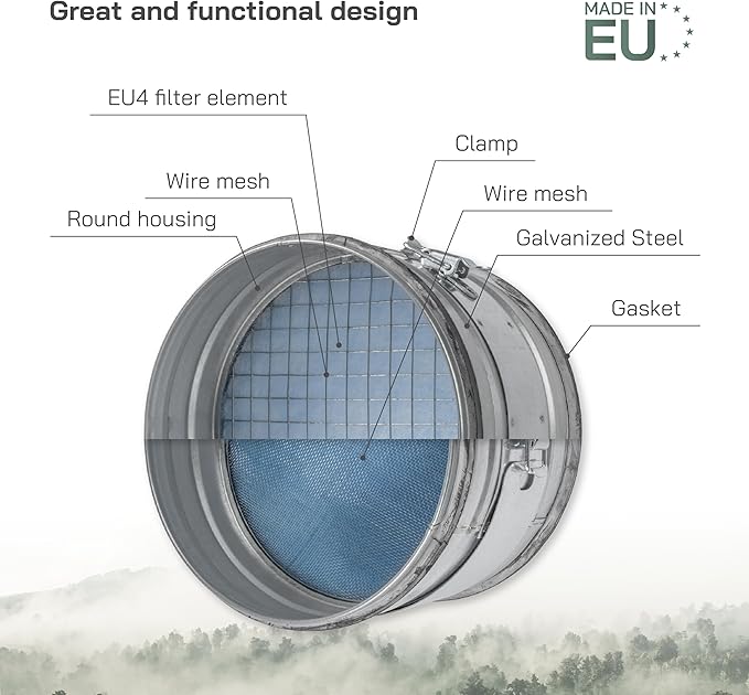 Vent Systems 8" Inch Inline Air Filter - Duct Filter - G4 Class Filtration Purifier System with Steel Mesh Screen - Air Vent Filters for Dust Collection/Air Purification - Rigid/Flexible Vent Hose