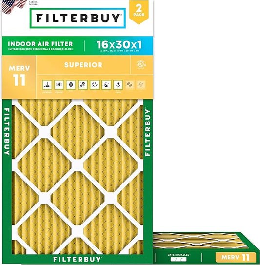 Filterbuy 16x30x1 Air Filter MERV 11 (MPR 1200) Allergen Defense Replacement (2-Pack), Electrostatic Pleated HVAC AC Furnace Filters, Made in USA (Actual Size: 15.75 x 29.75 x 0.75)