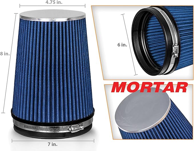 Mortar Aftermarket Auto Air Filter – 6 In Flange ID Car Enthusiast Class Universal Cold Air Intake Gulps in More Air for More Engine Power & Passionate Induction Sound, Length 8 In, Blue