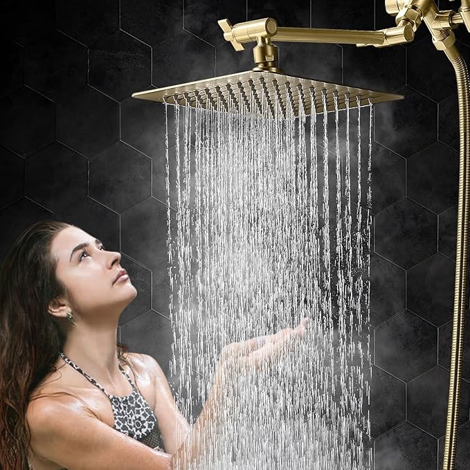 G-Promise All Metal 8-Inch Dual Square Shower Head Combo, Rain Shower Head, Handheld Shower Wand with 71-Inch Extra Long Hose, 3-Way Diverter, Adjustable Extension Arm, Brushed Gold