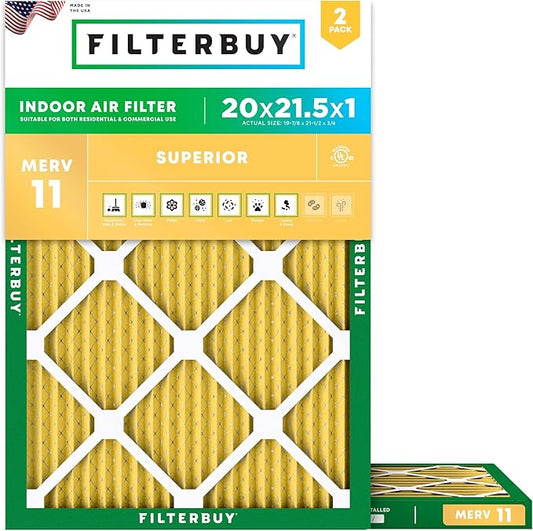 Filterbuy 20x21.5x1 Air Filter MERV 11 (MPR 1200) Allergen Defense Replacement (2-Pack), Electrostatic Pleated HVAC AC Furnace Filters, Made in USA (Actual Size: 19.88 x 21.50 x 0.75)
