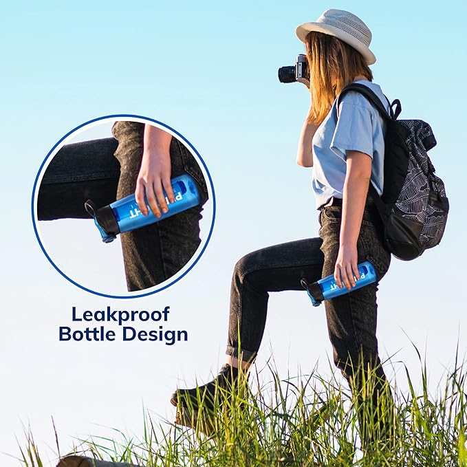 Survival – 4-Stage Water Filter Bottle, BPA-Free 22oz Camping Water Bottle with Built-In Compass, Travel and Emergency Preparedness Gear, Blue