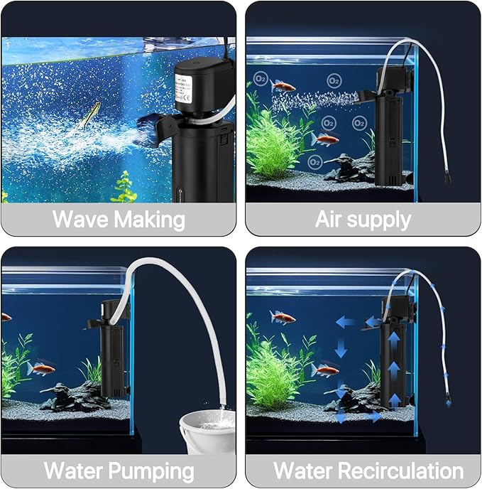 Internal Aquarium Filter for 10-75 Gallon Fish Tanks, Quiet 4-in-1 Turtle Tank Filter with Filtration, Oxygenation, Wave Making and Water Change