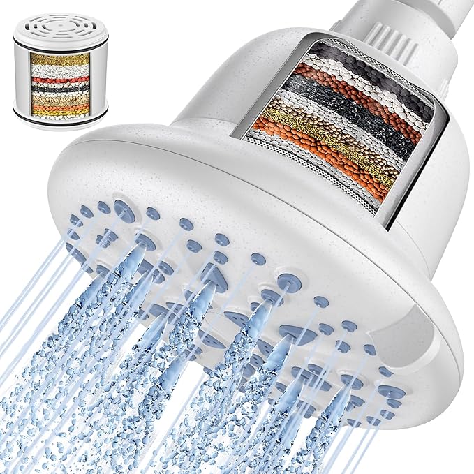 Cobbe Filtered Shower Head, 7 Modes High Pressure Shower Heads - 16 Stage Shower Head Filter for Hard Water for Remove Chlorine and Harmful Substances (Ivory White, 5 Inch Round)
