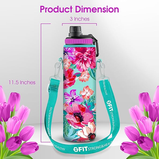 FIT Strong & Healthy 32 oz Glass Water Bottle with Straw Lid, Time Marker, Sleeve & Extra Lid - Motivational, Wide Mouth 1 Liter Glass Drinking Bottle