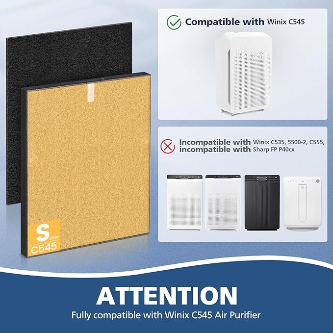 2 Pack C545 HEPA Pet Replacement Filter S Compatible with Winix C545 Air Purifier, Replaces Part 1712-0096-00 and 2522-0058-00, 2 HEPA Filter + 8 Activated Carbon Filters, Yellow