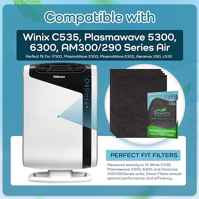 Breathe Naturally Replacement Filters Compatible with Winix C535, Plasmawave 5300, 6300 & Aeramax 300/290 Air Purifiers - Carbon Activated Filter - 12.5” x 16.25” x 0.2” (Pack of 4 Carbon Prefilters)