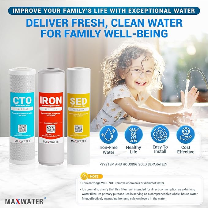 Max Water 10x2.5 Iron & Manganese Whole House Water Filter Replacement Set | 3 Stage Water Filtration System 10" Cartridge Kit | 5 Micron Sediment, Iron Manganese & CTO Carbon Filters