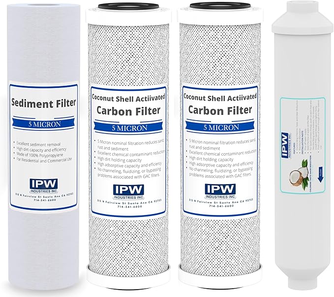 IPW Industries, Inc. - Replacement Water Filters Set - Carbon Block Filters, PP Sediment Filter and for Inline Cartridge Reverse Osmosis (RO) System