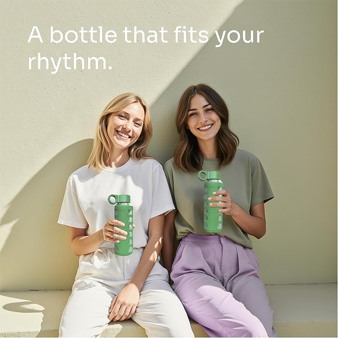 purifyou 40oz / 32oz / 22oz / 12oz Borosilicate Glass Water Bottle with Time & Volume Markers, Silicone Sleeve, Stainless Steel Lid | Reusable Glass Bottle for Water & Juice (12oz Shale Green)