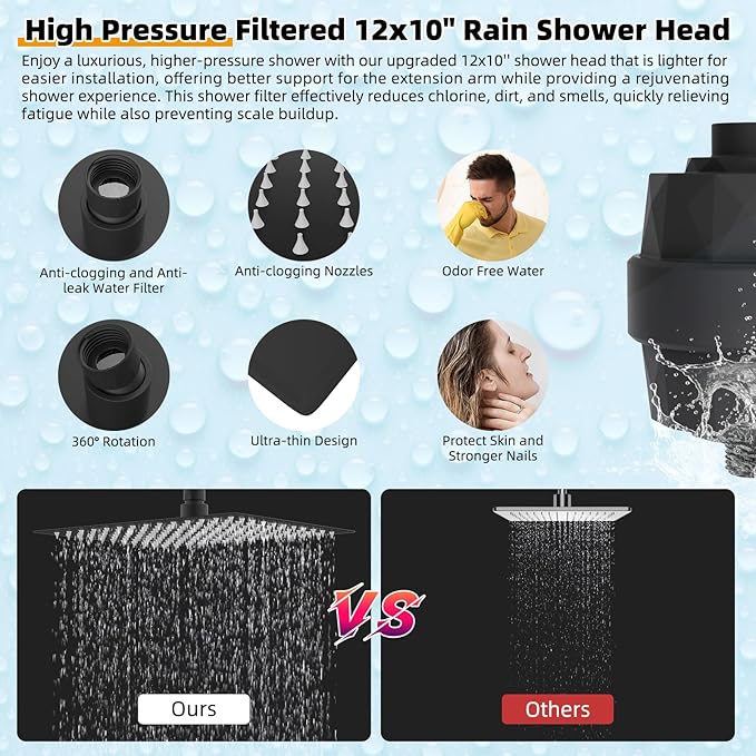 Hibbent All Metal 12'' Filtered Rainfall Shower Head with Handheld Combo, High Pressure Shower Wand, 16'' Adjustable Extension Arm, 20 Stage Shower Filter, 71'' Hose, Shower Holder, Matte Black