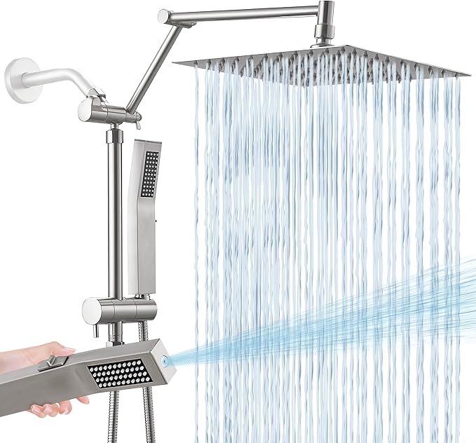 All Metal 10 Inch Rain Shower Head with Handheld Spray Combo, High Pressure Waterfall Rainfall Square Shower Heads with 16" Adjustable Extension Arm, Dual Showerhead with 3-Way Diverter,Brushed Nickel